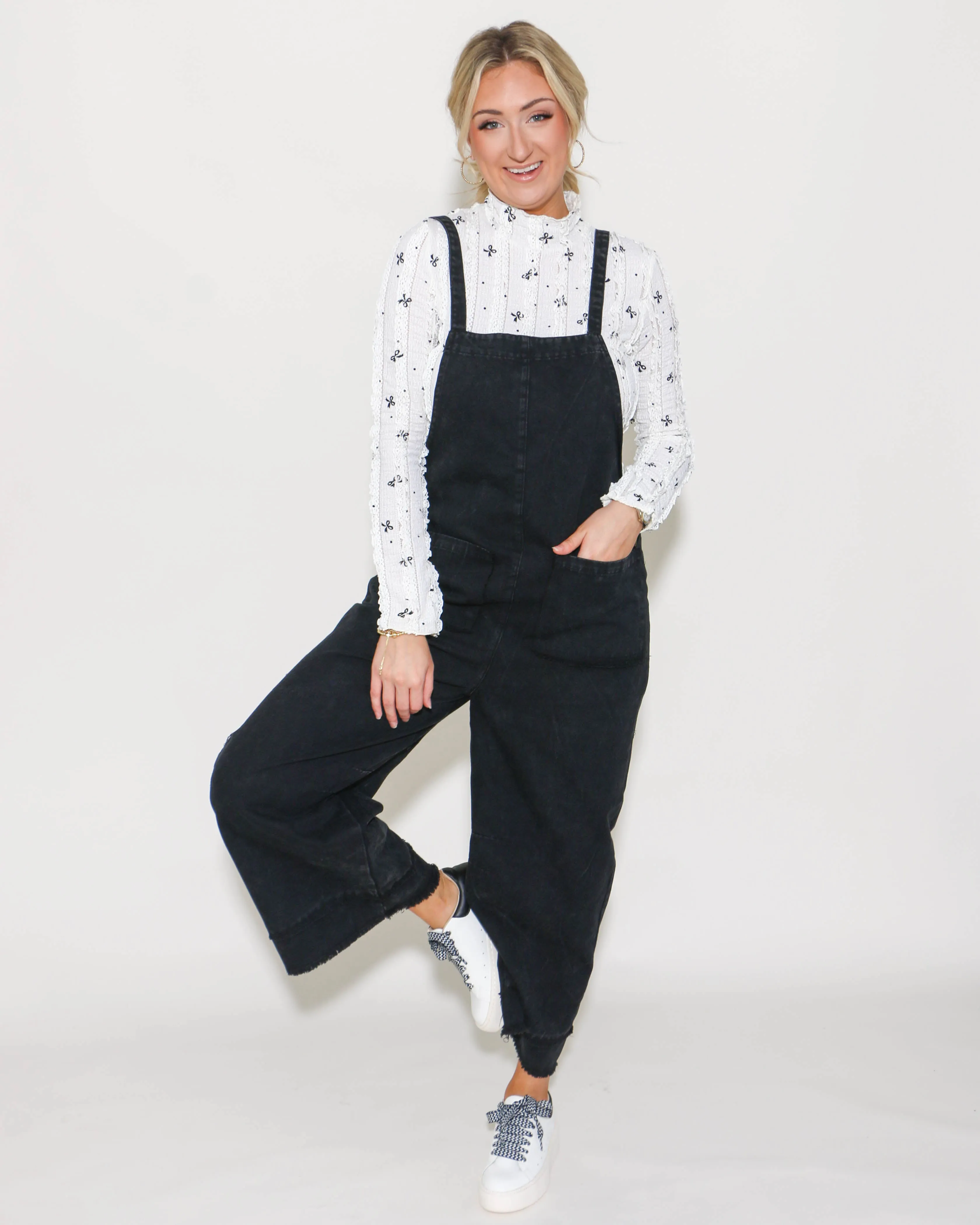 Washed Cotton Twill Overall Jumpsuit in Black