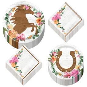 Western Cowgirl Party Supplies -  Horseshoe Paper Plates, and Floral Napkins (Serves 32)