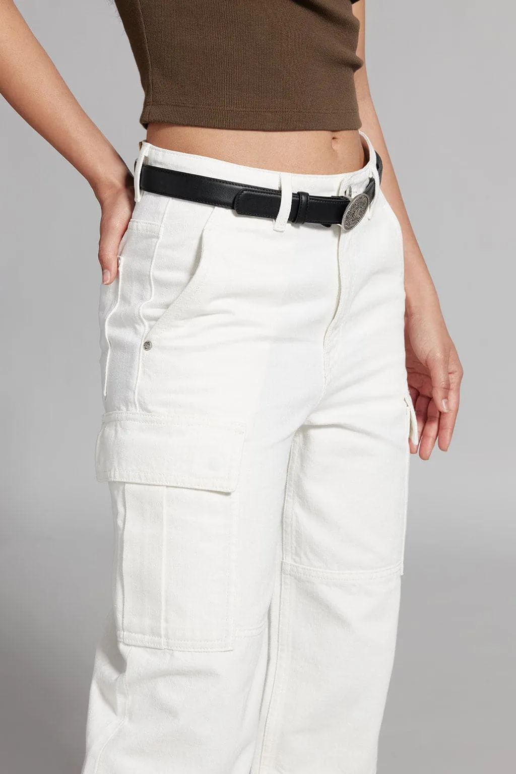 White Cargo Style Straight Jeans