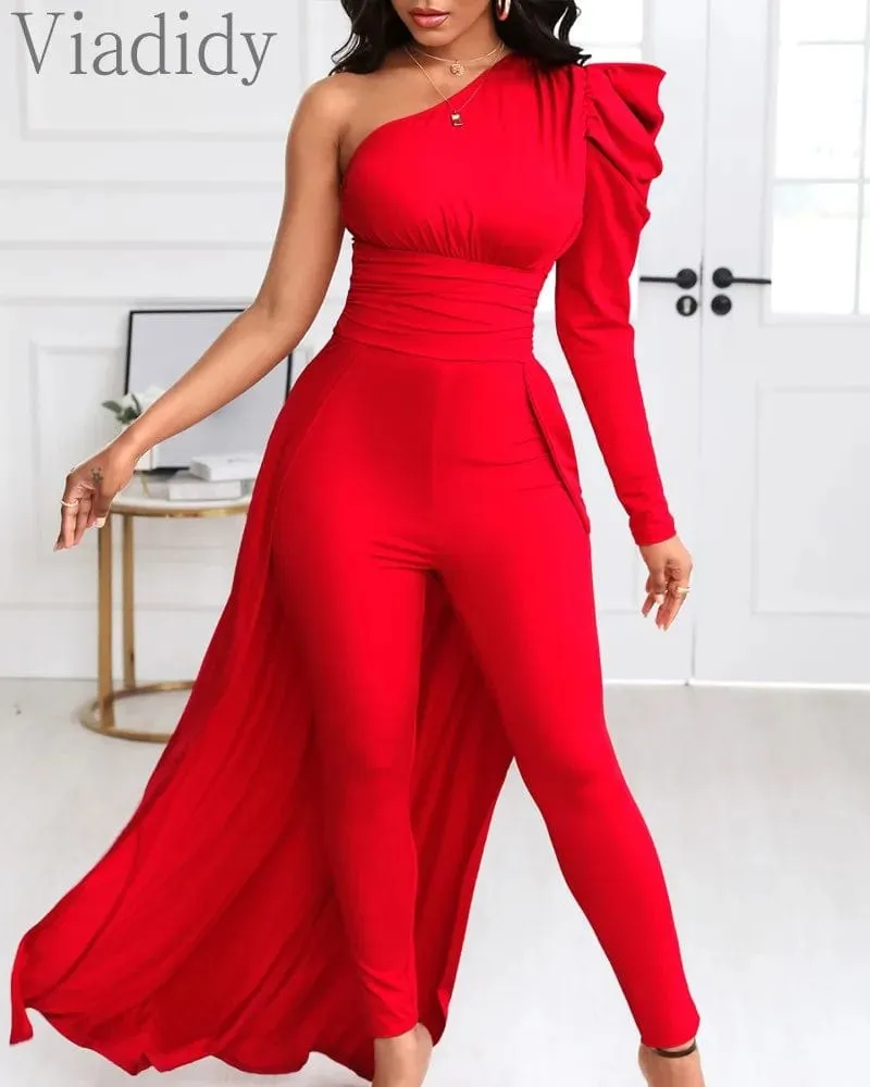 Women Red Puff Sleeve One Shoulder Long Sleeve Jumpsuits