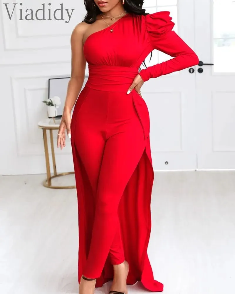 Women Red Puff Sleeve One Shoulder Long Sleeve Jumpsuits