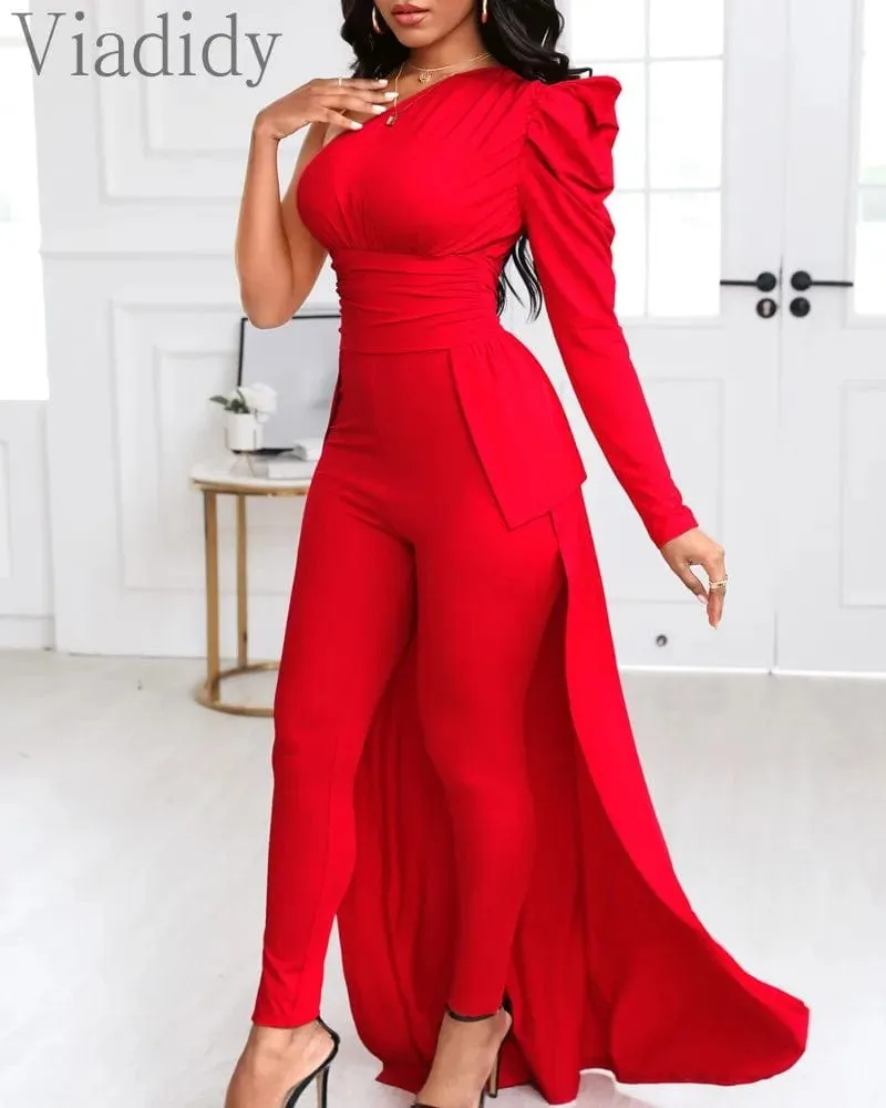 Women Red Puff Sleeve One Shoulder Long Sleeve Jumpsuits