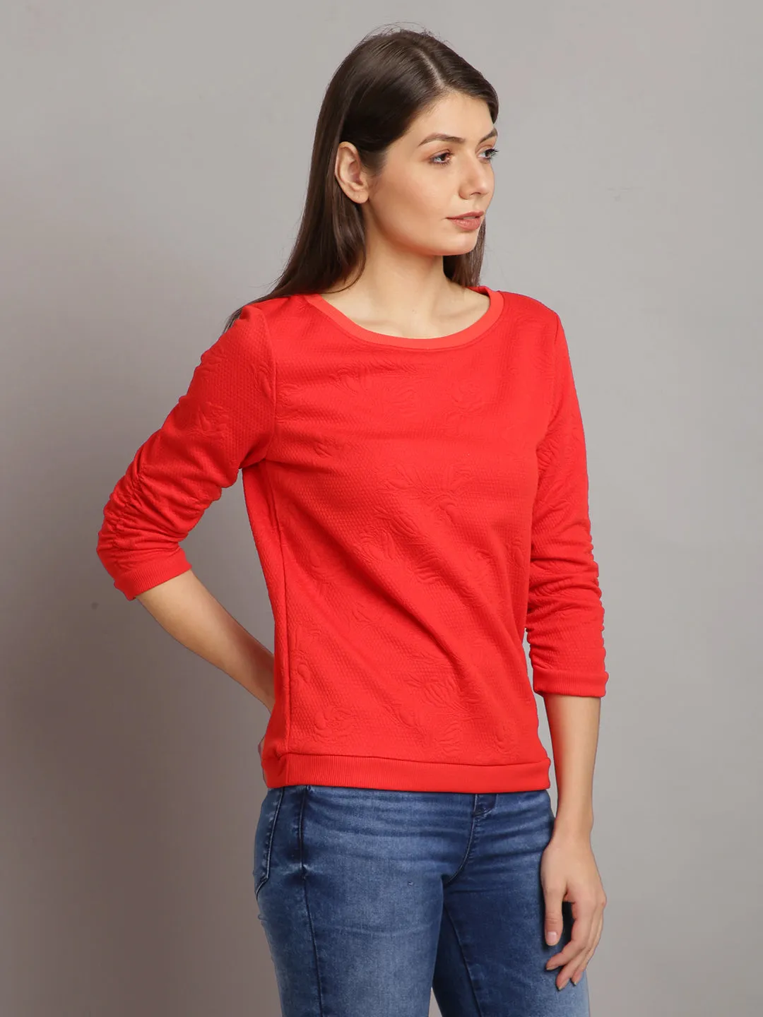 Women Solid Red Self Design Pullover Sweatshirt