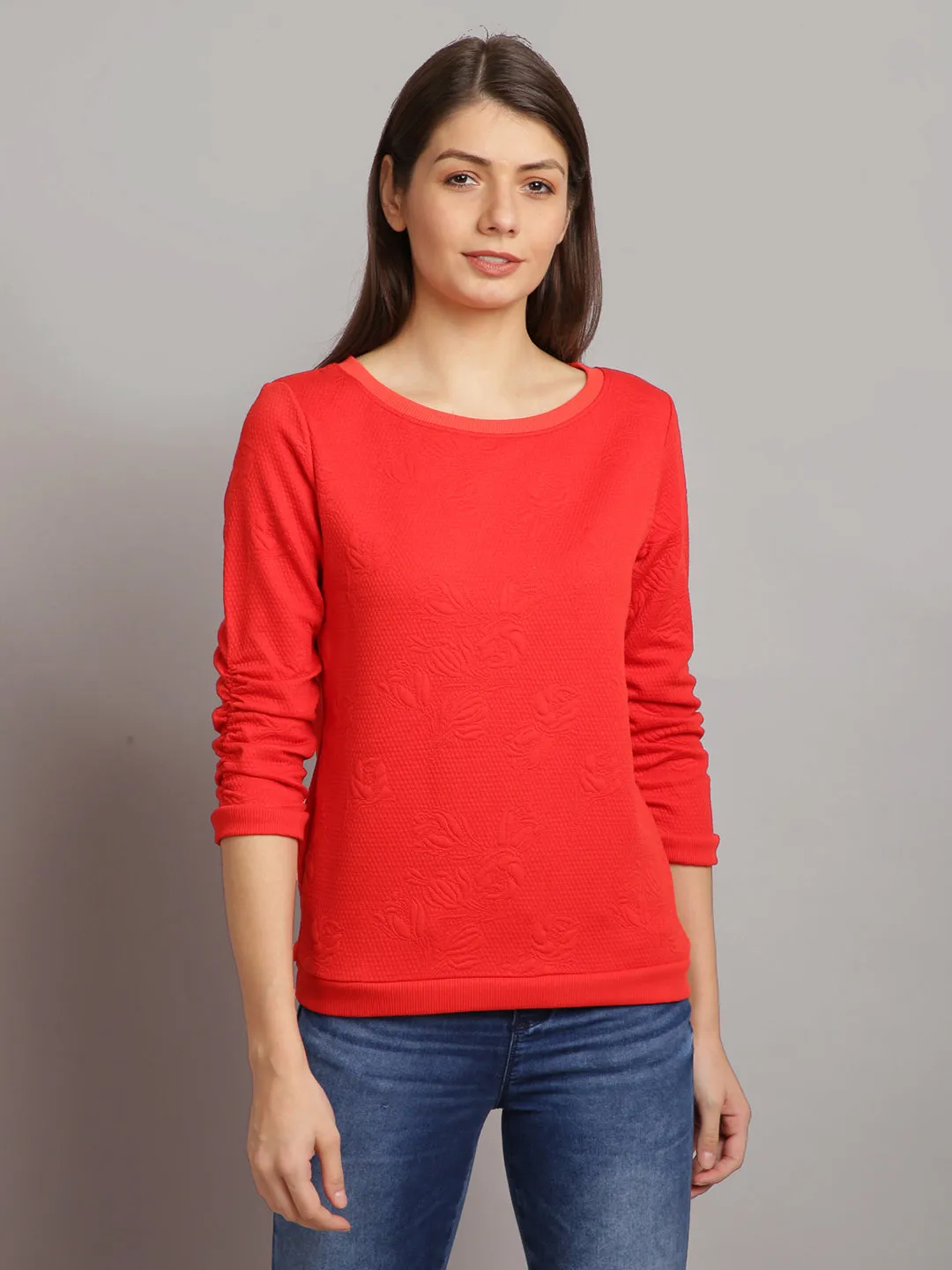 Women Solid Red Self Design Pullover Sweatshirt