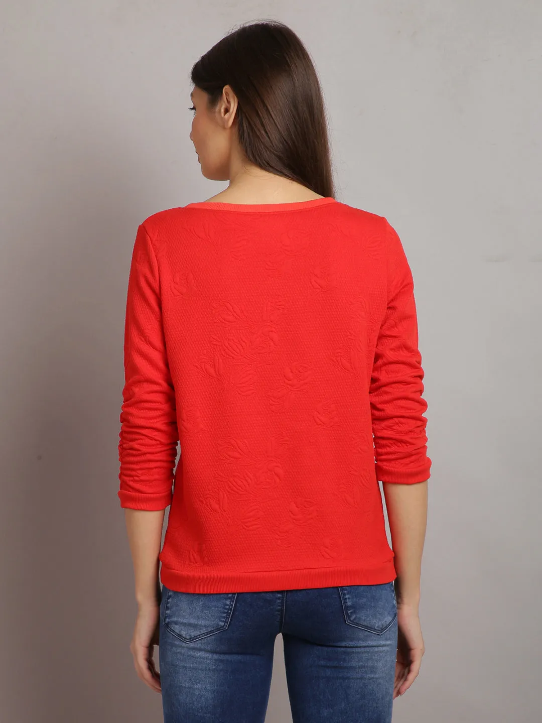 Women Solid Red Self Design Pullover Sweatshirt