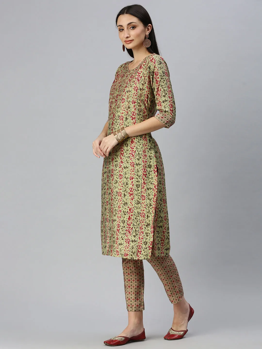 Women Straight Lime Green Printed Kurta and Trousers