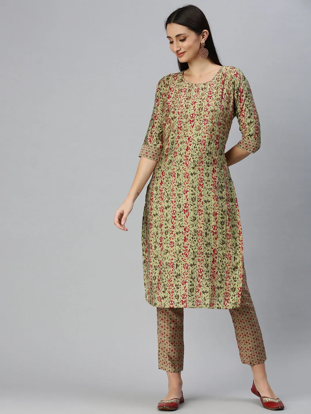 Women Straight Lime Green Printed Kurta and Trousers