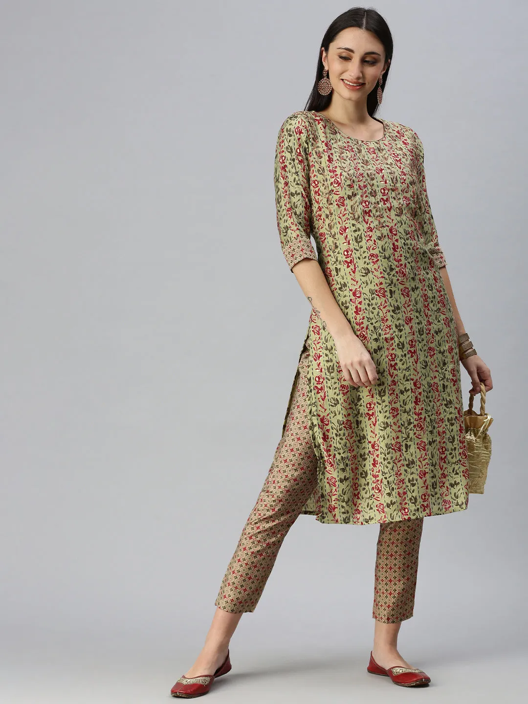 Women Straight Lime Green Printed Kurta and Trousers