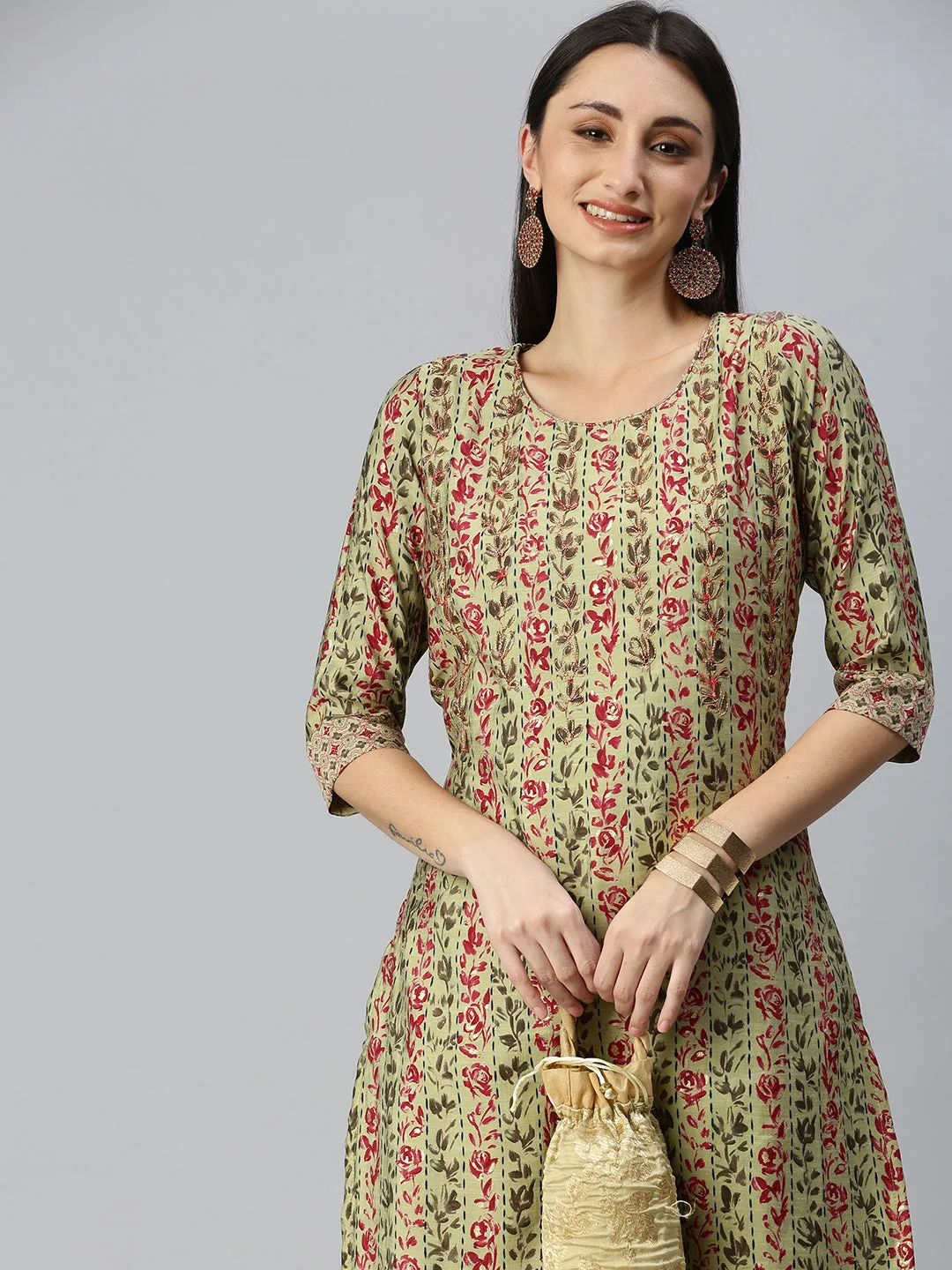 Women Straight Lime Green Printed Kurta and Trousers