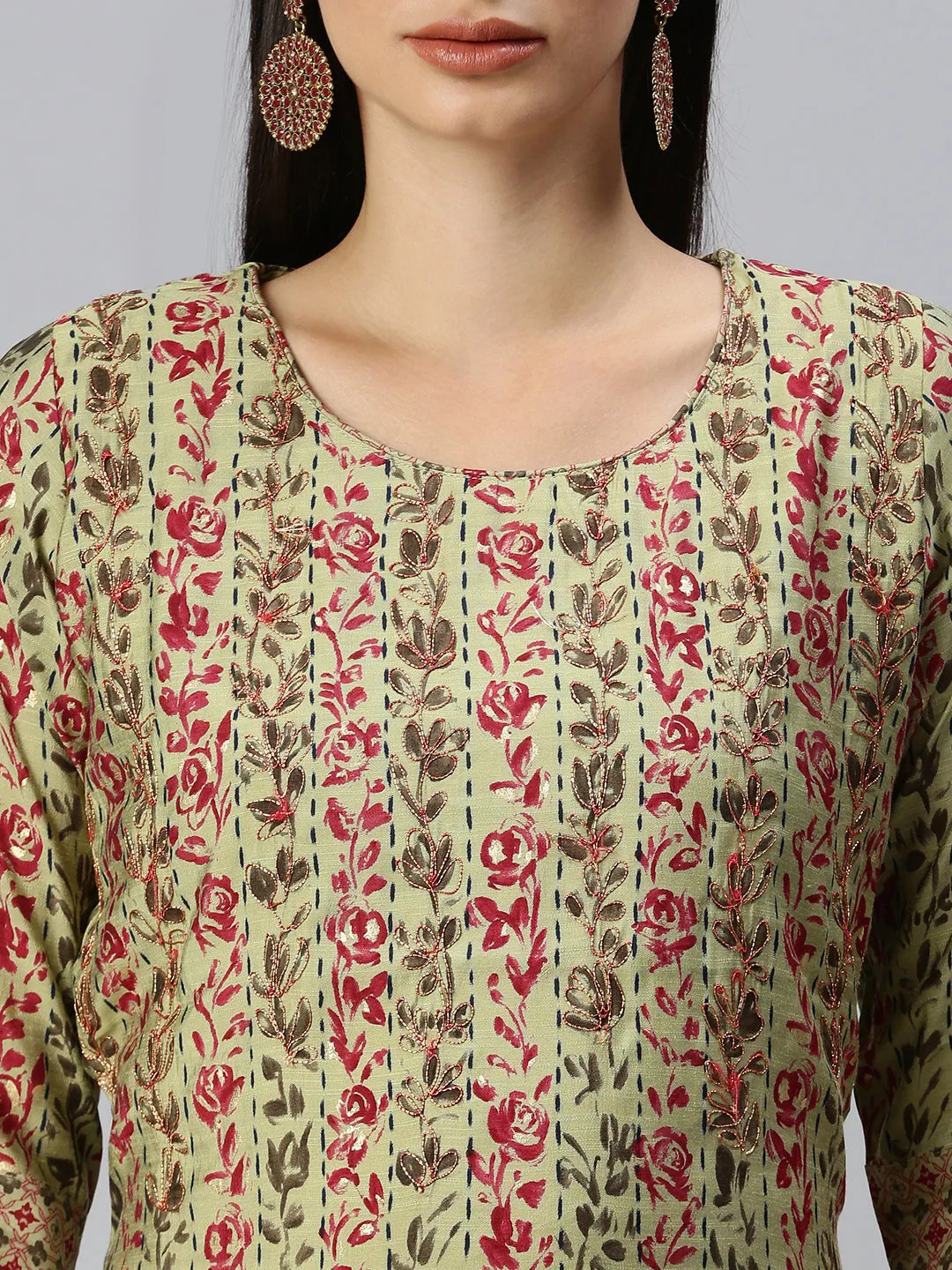 Women Straight Lime Green Printed Kurta and Trousers