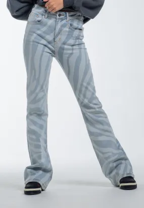 Womens Flaming Tiger Flared Denim Trousers Jeans - Blue