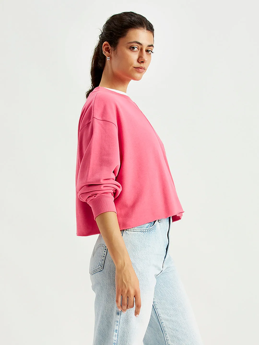 Women's Solid Pink Crew Neck Sweatshirt